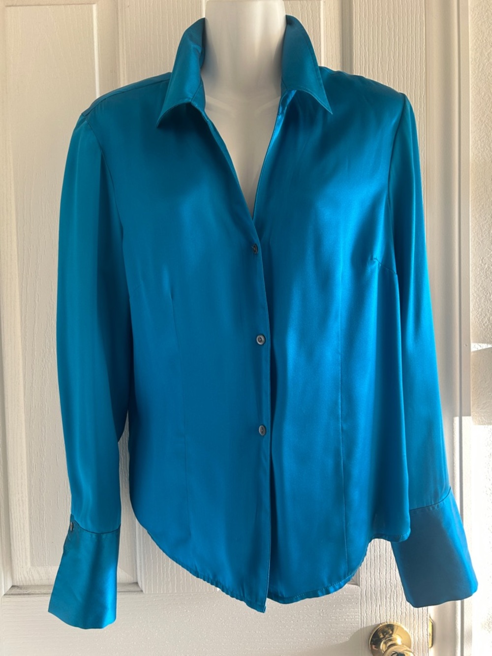 Jones New York Teal Satin Button-Down Blouse